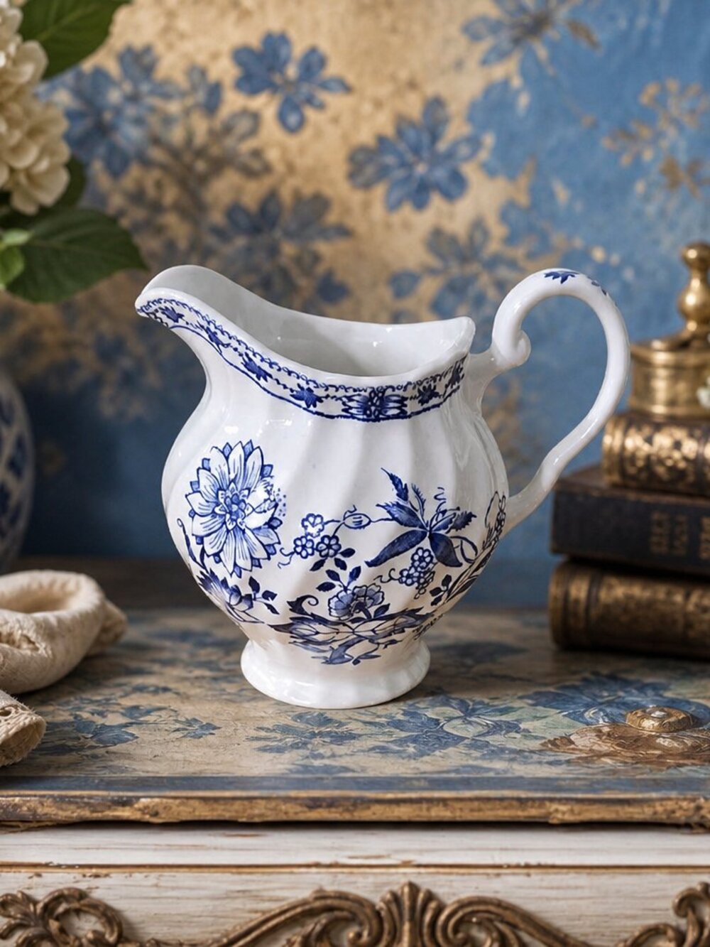 Vintage Blue and White Floral Ceramic Pitcher Creamer